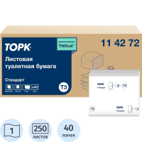 Бумага туалетная листовая Торк (Tork) Т3 T3 1-слойная белая 40 пачек по 250 листов (114272)